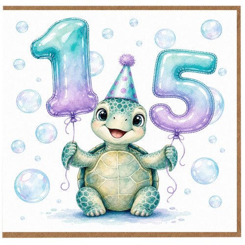 15th Birthday Card, Cute Turtle with Balloons