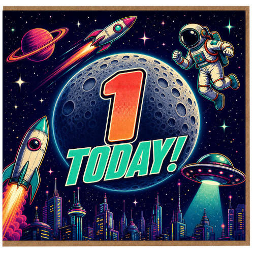 1st Birthday Card, Space Theme Rocket Astronaut Moon