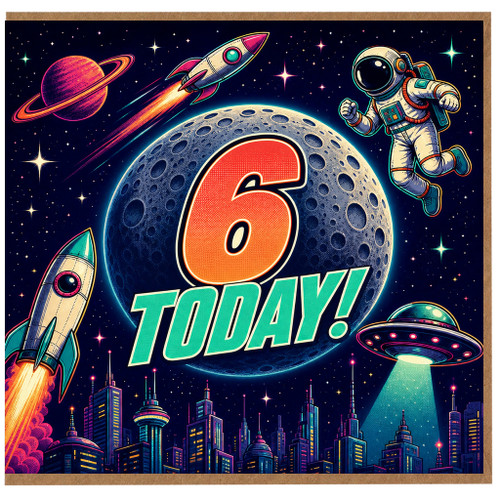 6th Birthday Card, Space Theme Rocket Astronaut Card