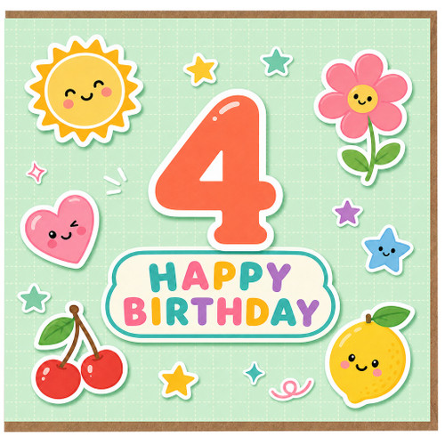 4th Birthday Card, Cute Happy Birthday Cartoon Sun Flower Heart and Fruit Design