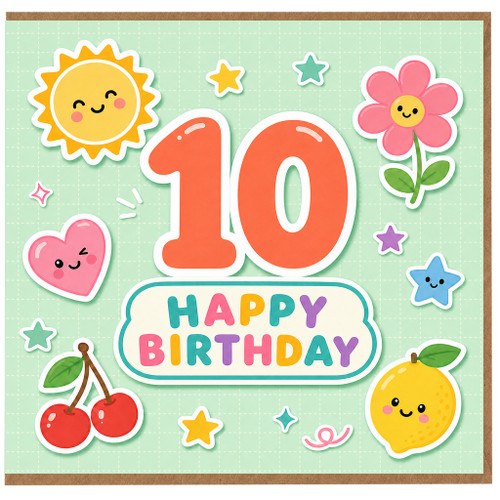 10th Birthday Card, Cute Pastel Happy Birthday Card