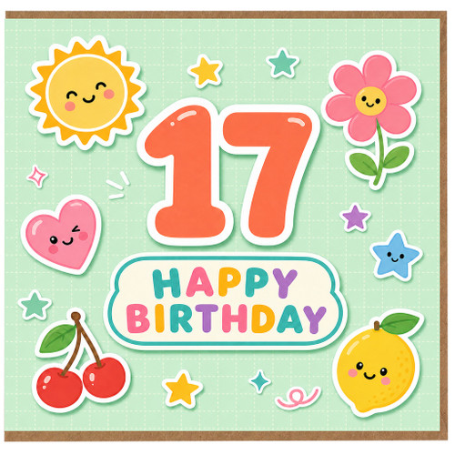 17th Birthday Card, Cute Happy Birthday Card with Fun Pastel Characters
