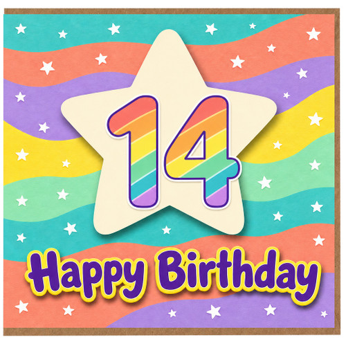 14th Birthday Card, Colourful Rainbow Star Design, Happy Birthday Card