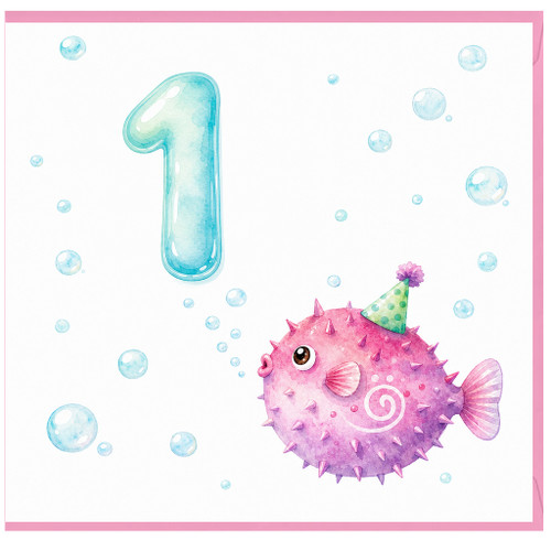 1st Birthday Card, Cute Pufferfish Party Design