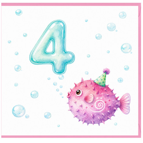 4th Birthday Card, Cute Puffer Fish Party Design