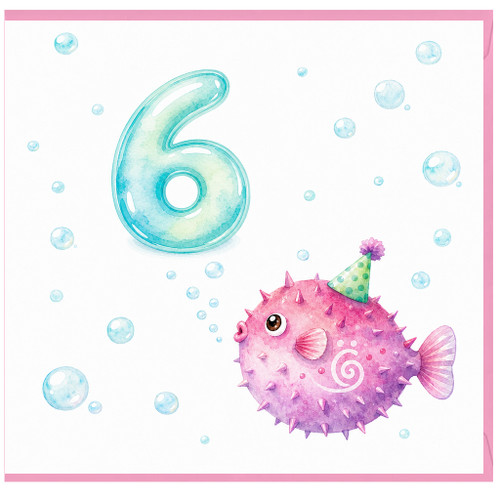 6th Birthday Card, Cute Pufferfish Party Card