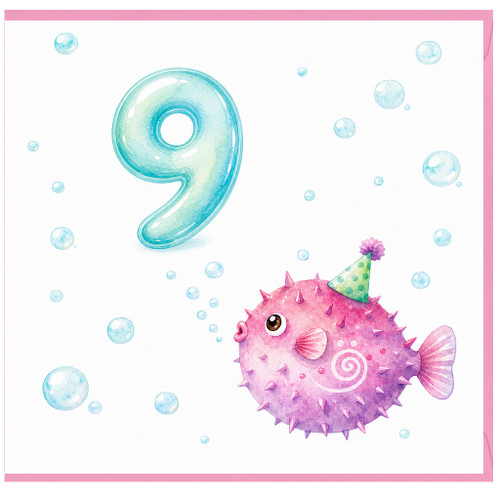 9th Birthday Card, Cute Pufferfish Party Card