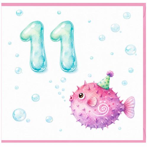 11th Birthday Card, Cute Puffer Fish Party Card