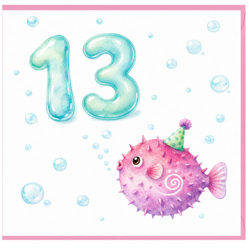 13th Birthday Card, Cute Pufferfish Party Design
