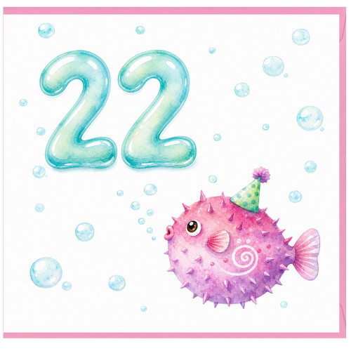 22nd Birthday Card, Cute Puffer Fish Party Card