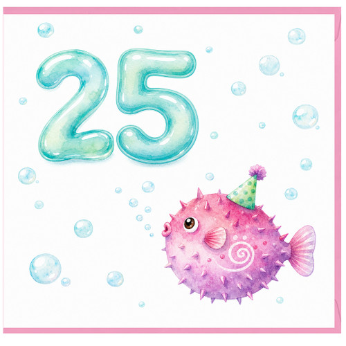 25th Birthday Card, Cute Puffer Fish Party Card