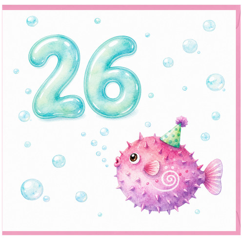 26th Birthday Card, Cute Puffer Fish Party Card