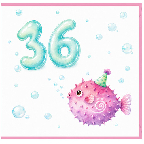 36th Birthday Card, Cute Pufferfish Party Card