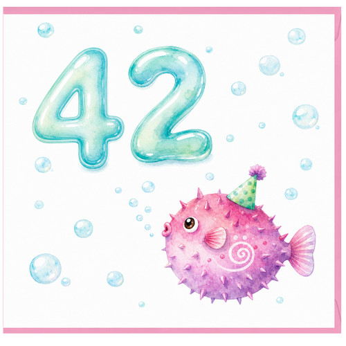 42nd Birthday Card, Cute Pufferfish Party Design