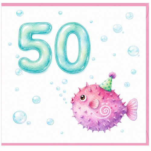 50th Birthday Card, with Cute Pufferfish Party Design