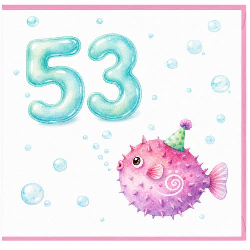 53rd Birthday Card, Cute Pufferfish Balloon Number Design
