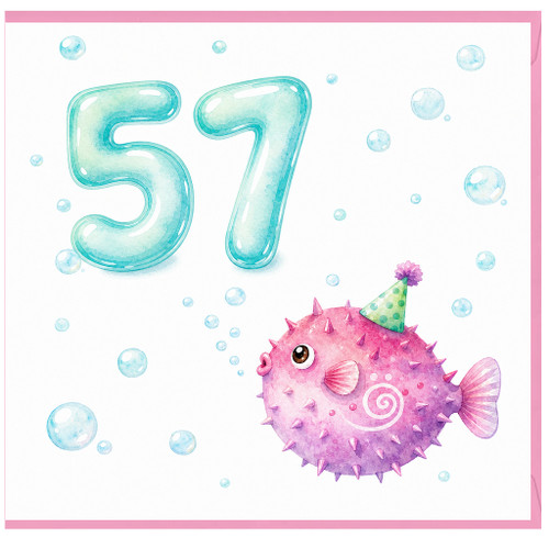 57th Birthday Card, Cute Pink Puffer Fish Party Card