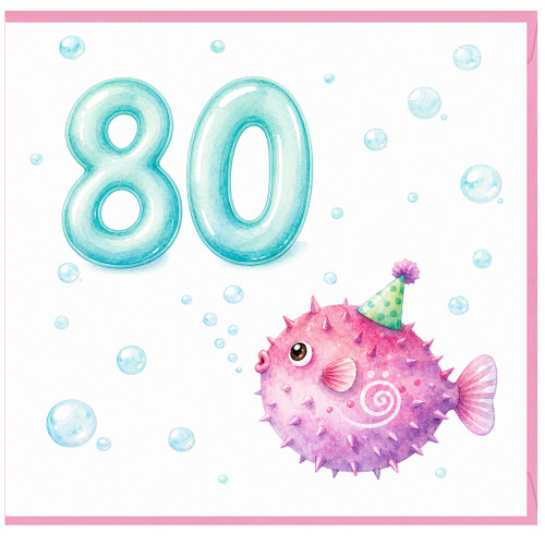 80th Birthday Card, Cute Pufferfish Underwater Party Card