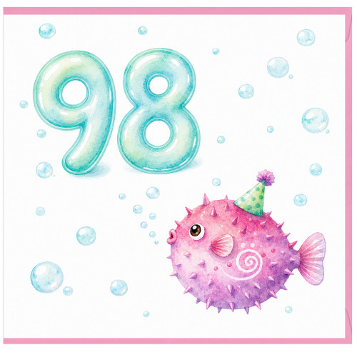 98th Birthday Card, Cute Underwater Pufferfish Party Design