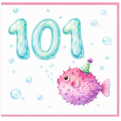101st Birthday Card, Cute Puffer Fish Party Design