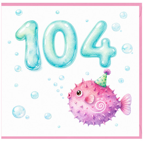 104th Birthday Card, Cute Underwater Pufferfish Party Card