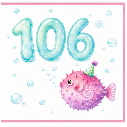106th Birthday Card, Cute Pufferfish Party Card
