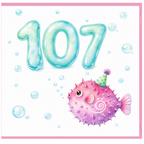 107th Birthday Card, Cute Pufferfish Party Design
