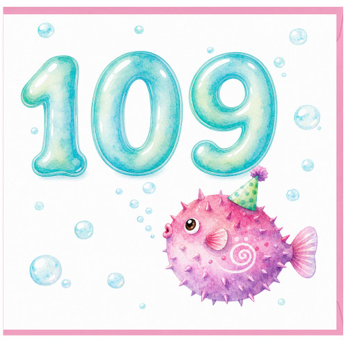 109th Birthday Card, Cute Pufferfish Underwater Party Design