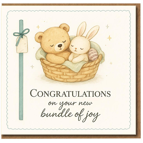 New Baby Congratulations Card - Cute Bear & Bunny in Basket - 'Congratulations on Your New Bundle of Joy' - Gender Neutral Baby Shower or Parents Greeting Card
