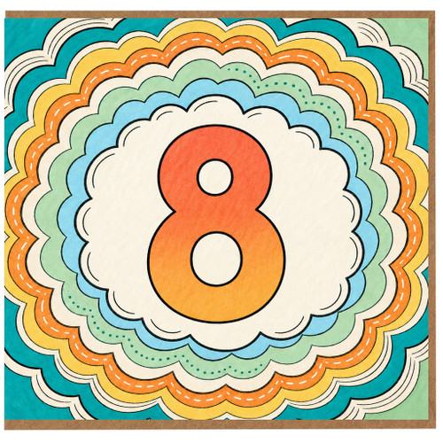 8th Birthday Card, Colourful Retro Rainbow Number 8 Card