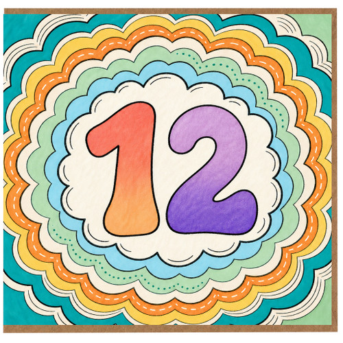 12th Birthday Card, Colourful Rainbow Number 12 Card