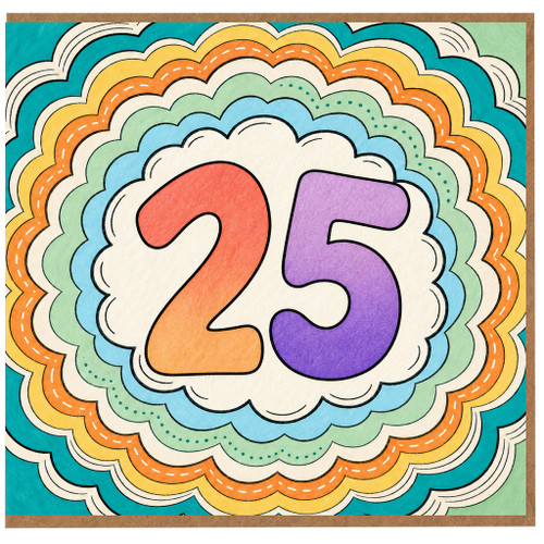 25th Birthday Card, Colourful Rainbow Number 25 Card