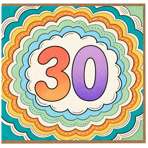 na 30th Birthday Card, Colourful Retro Rainbow Number 30 Card
