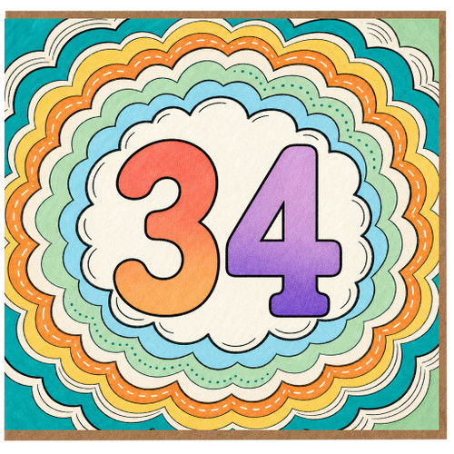 34th Birthday Card, Colourful Rainbow Number 34 Card
