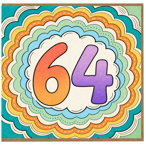 64th Birthday Card, Colourful Retro Rainbow Design