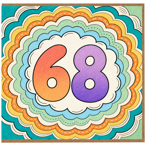 68th Birthday Card, Colourful Retro Rainbow Number 68 Card
