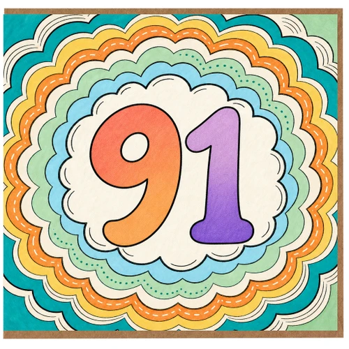 91st Birthday Card, Colourful Rainbow Number 91 Card