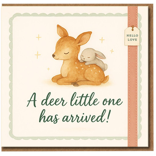 New Baby Card - A Deer Little One Has Arrived - Cute Fawn and Bunny Newborn Congratulations Card - Gender Neutral Baby Arrival