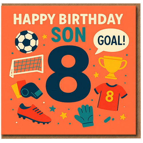 Son 8th Birthday Card - Football Theme - Happy Birthday Son Age 8 - Boys Kids Card with Trophy, Ball and Goal Design