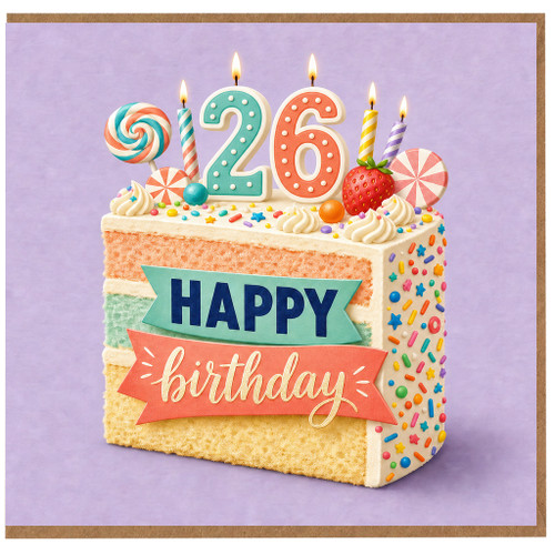 26th Birthday Card, Happy Birthday Cake Card