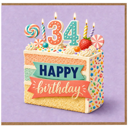 34th Birthday Card, Happy Birthday Cake Design
