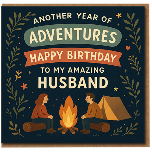 Husband Birthday Card - Another Year of Adventures - Happy Birthday to My Amazing Husband - Camping Campfire Outdoors Illustration - Romantic Adventure Card for Him