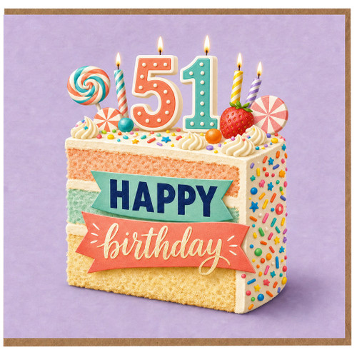 51st Birthday Card, Happy Birthday Cake Design Card