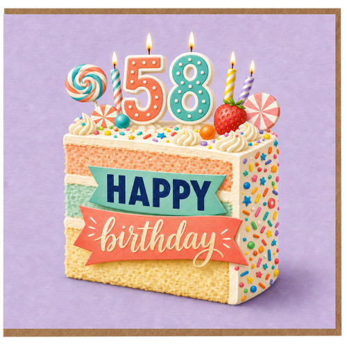 58th Birthday Card, Happy Birthday Cake Design Card