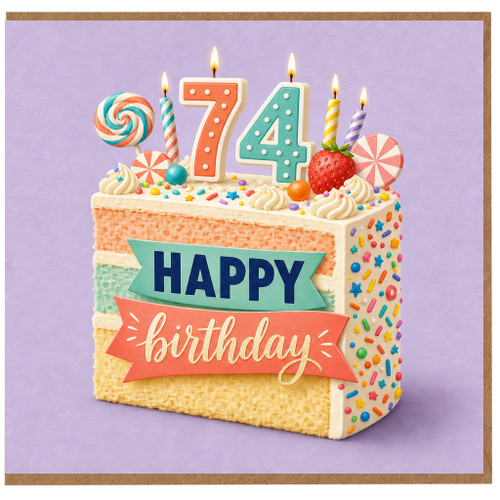 74th Birthday Card, Happy Birthday Cake Design