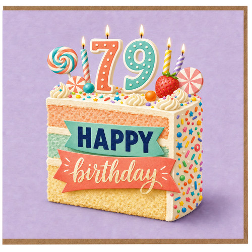 79th Birthday Card, Happy Birthday Cake and Candles Design