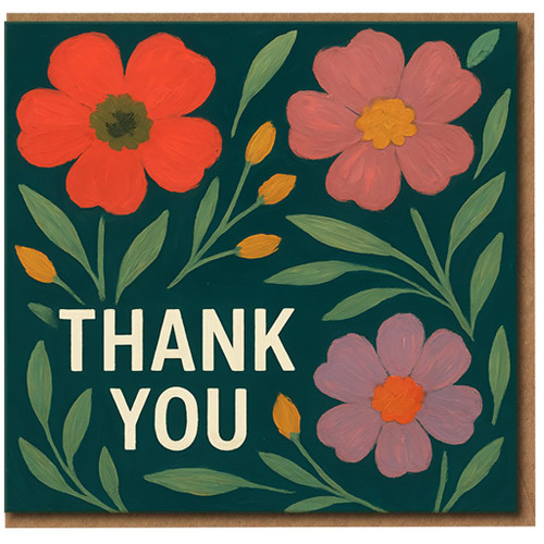 Floral Thank You Card - Botanical Flowers Design on Teal - Blank Inside - Appreciation Card for Friends, Family, Colleagues - Eco-friendly Envelope Included