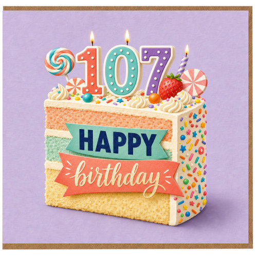na 107th Birthday Card, Happy Birthday Cake Design Card