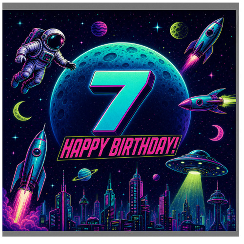 7th Birthday Card, Neon Space Astronaut and Rockets Birthday Card