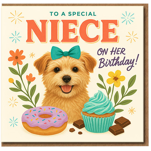 Niece Birthday Card - To a Special Niece on Her Birthday - Cute Puppy with Bow, Donut and Cupcake - Adorable Card for Girls